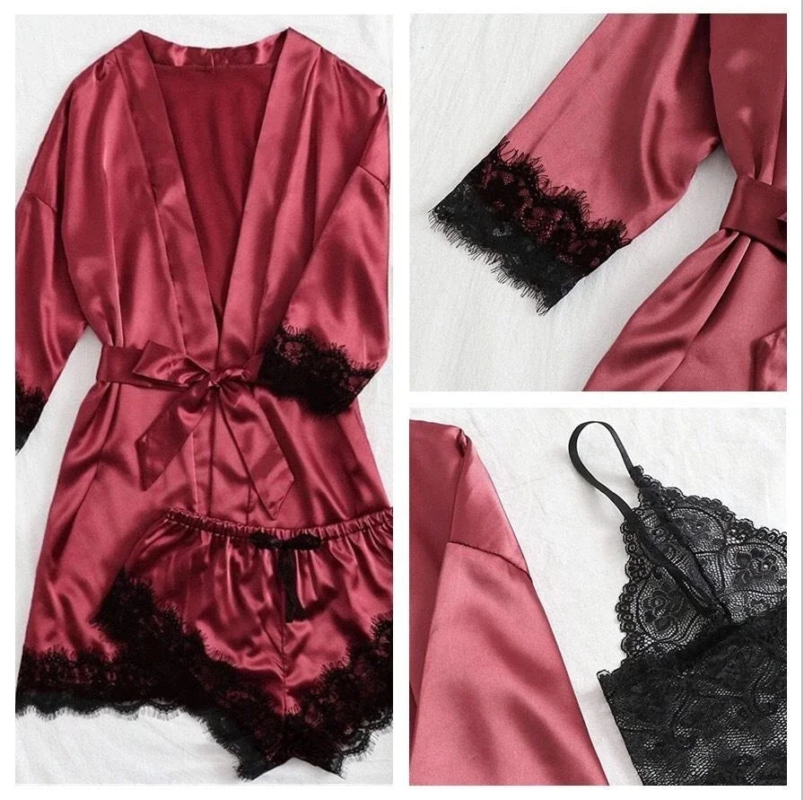 Satin Lace Lingerie Set With Robe Bralette Shorts Panty