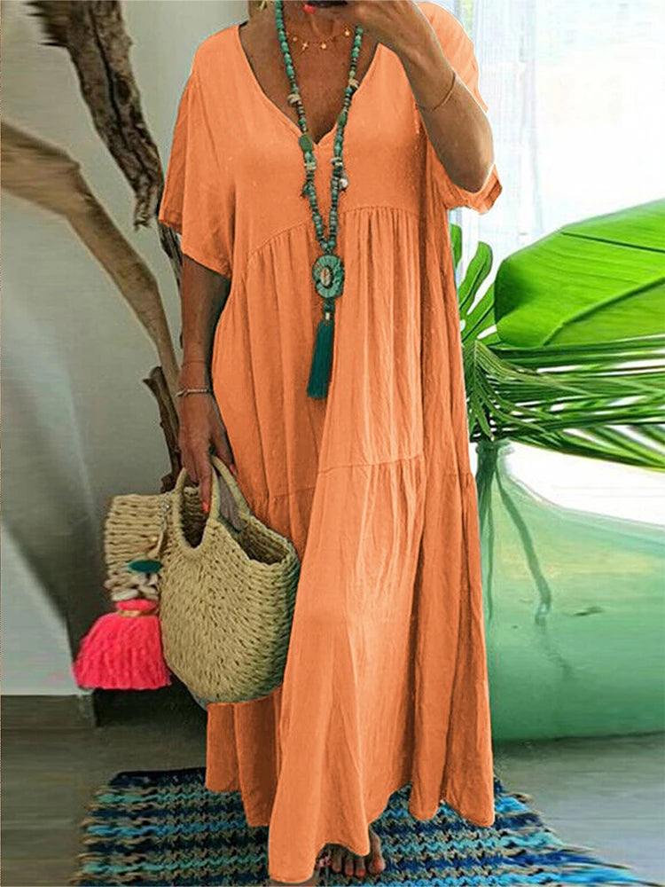 plus Size Women's Casual Loose V-Neck Solid Long Dress Spring Summer Pleated Big Size Women's Dress