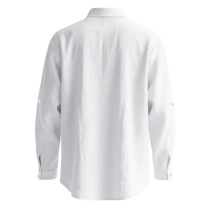 Men White Linen Button Down Long Sleeve Shirt Mandarin Collar Chest Pocket Roll Tab Cuff Loose Oversized Breathable Textured Beach Vacation Casual Holiday Top