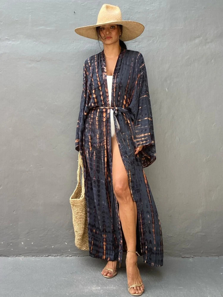 Boho Tie Dye Bikini Cover Up Kimono Cape Beach Dress
