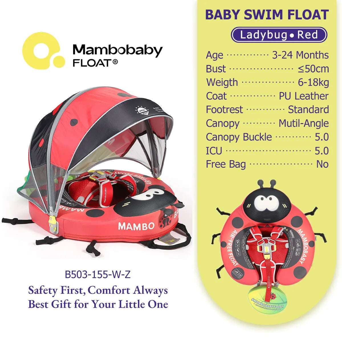Mambobaby Pool Float With Safety Belt Non Inflatable Canopy Baby