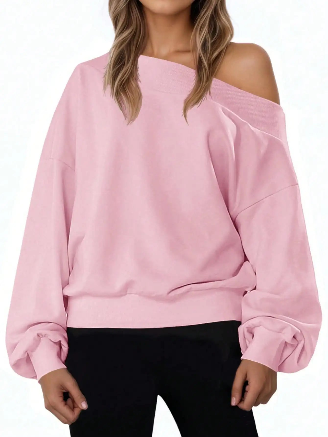 Fisoew Off Shoulder Sweatshirt - Oversized Long Sleeve Pullover | Loose Fit Casual Top | Fall Cozy Streetwear Basic Clothes
