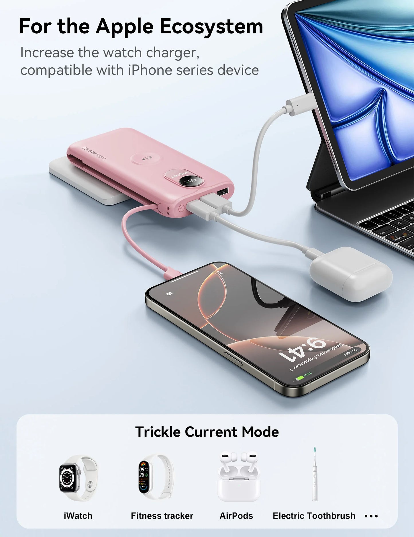 10000mAh Power Bank with AC Wall Plug,22.5W SCP/20W PD Fast Charging,Built-in Cables,Wireless Charger for Apple Watch