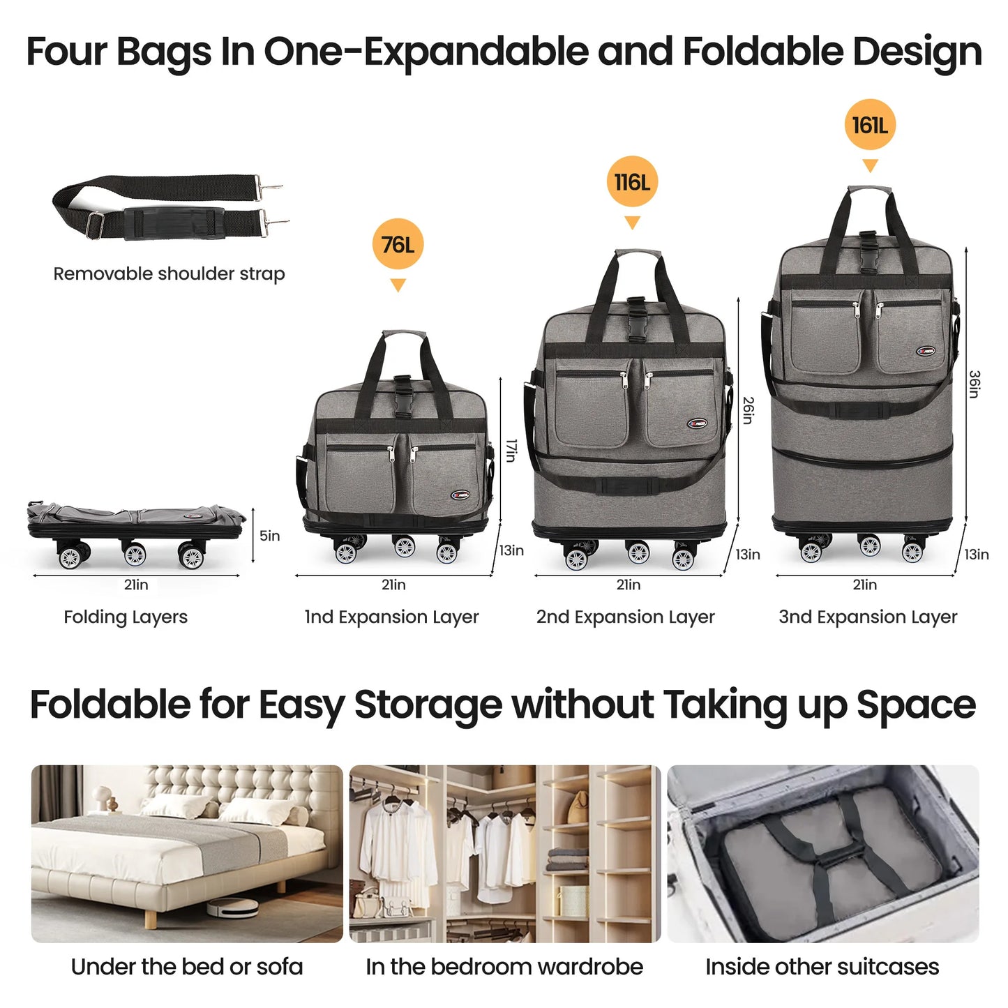 Folding Travel Bag Luggage Compartment Swivel Wheel Storage Box Large Capacity Telescopic Luggage Bag Overnight Bag 30"/36"/40"