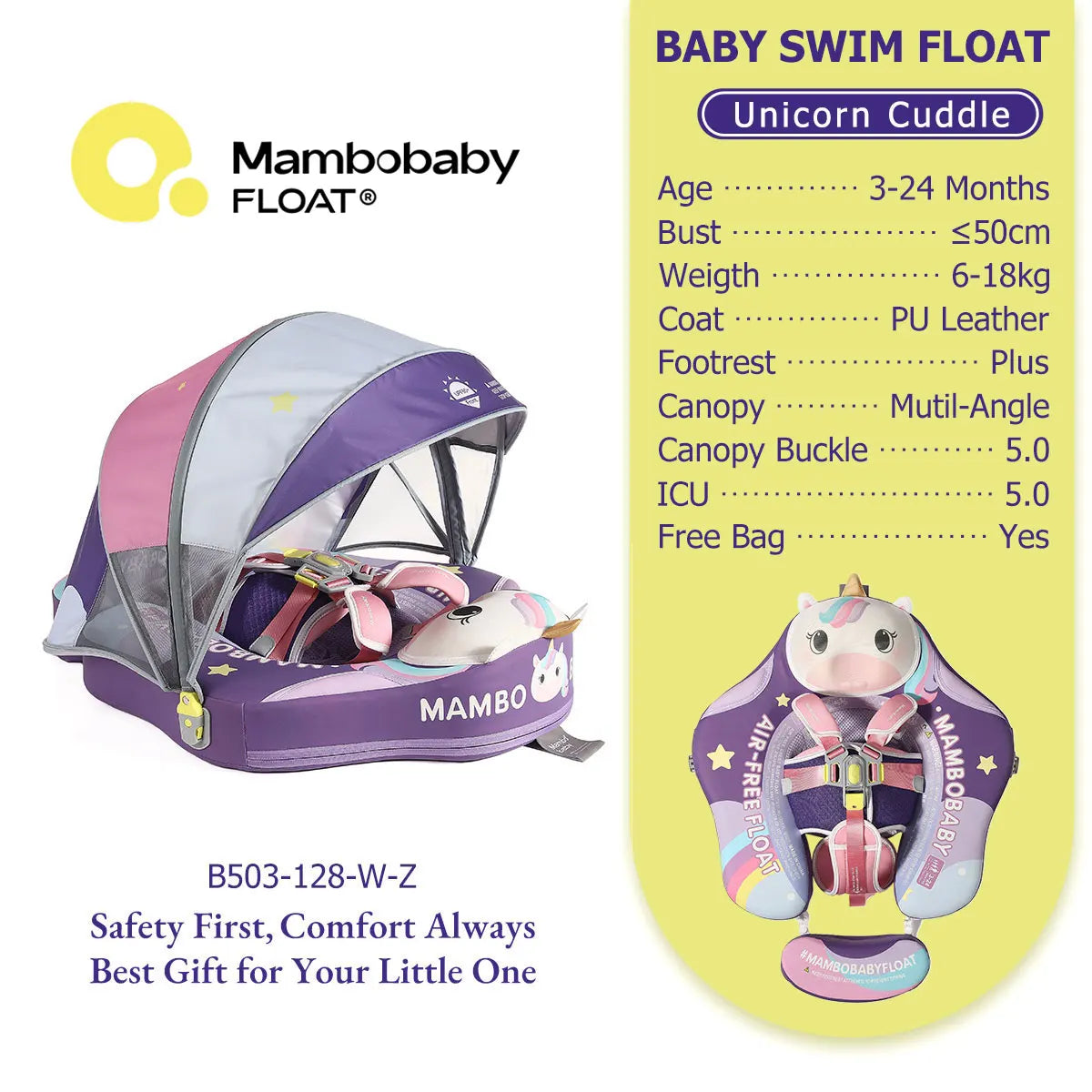 Mambobaby Pool Float With Safety Belt Non Inflatable Canopy Baby