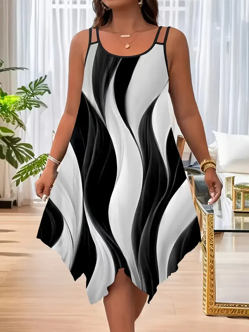 Plus-size women's fashion asymmetrical geometric stripes printed double strap dress