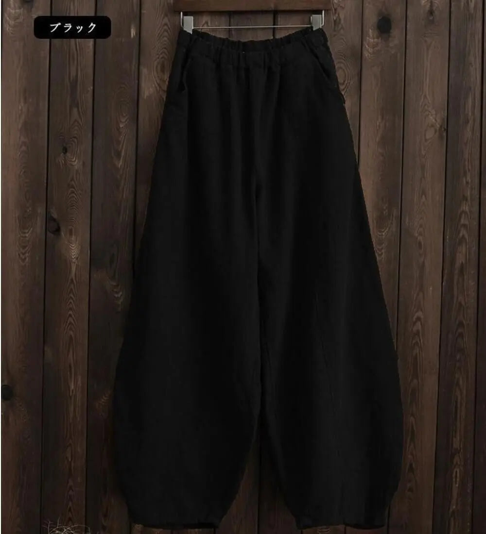 Women's Cotton Linen Vintage Wide Leg Pants With Elastic Waist Full Length
