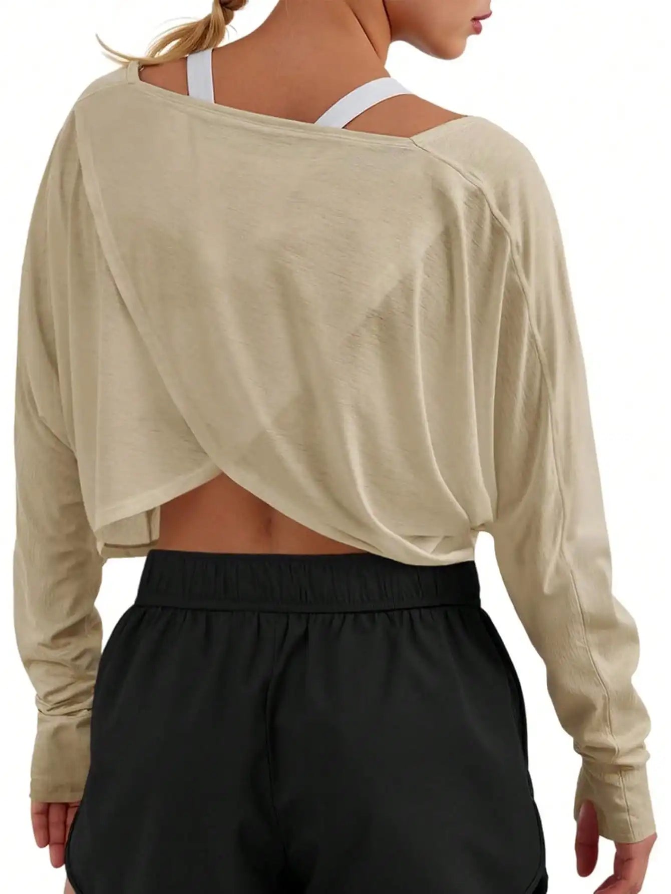 Fisoew Crossover Back Long Sleeve Workout Top, Women's Cropped Long Sleeve Gym Shirt With Thumb Holes, Athletic Yoga Tee