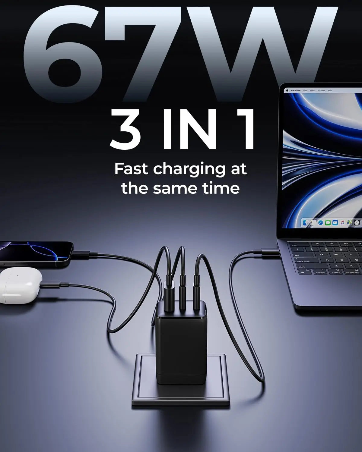 wegear 67W USB C charger 3-Port GaN Fast Compact Foldable for iPhone 17/16 Series for Galaxy for iPad Compatible with MagSafe