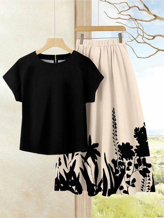 Women's Plant Print Top and Swing Skirt Two Piece Set