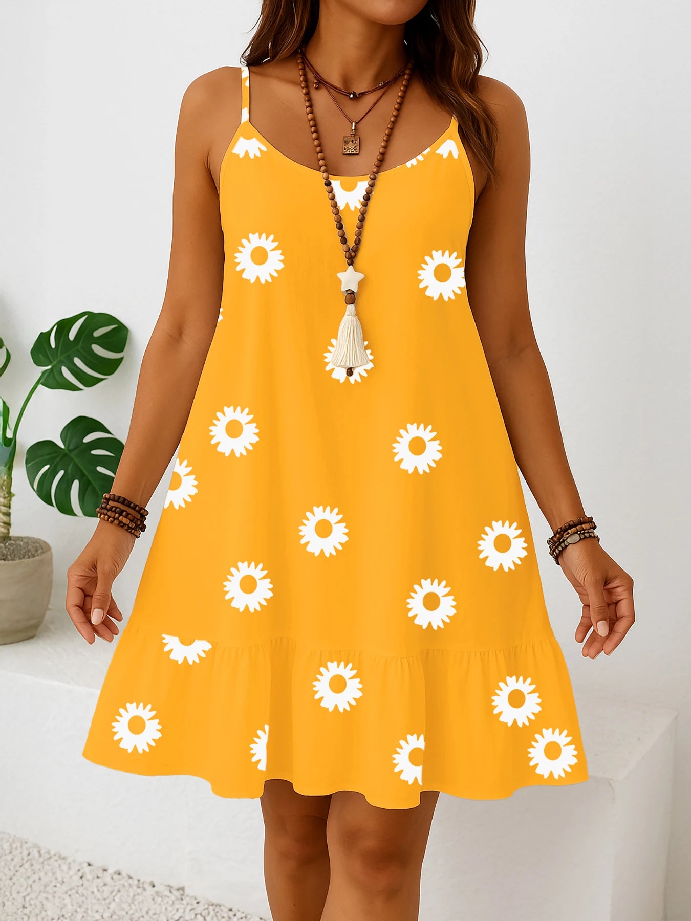 Plus size women’s sleeveless floral print dress, solid color sun dress with ruffled hem, casual summer fashion, lightweight and
