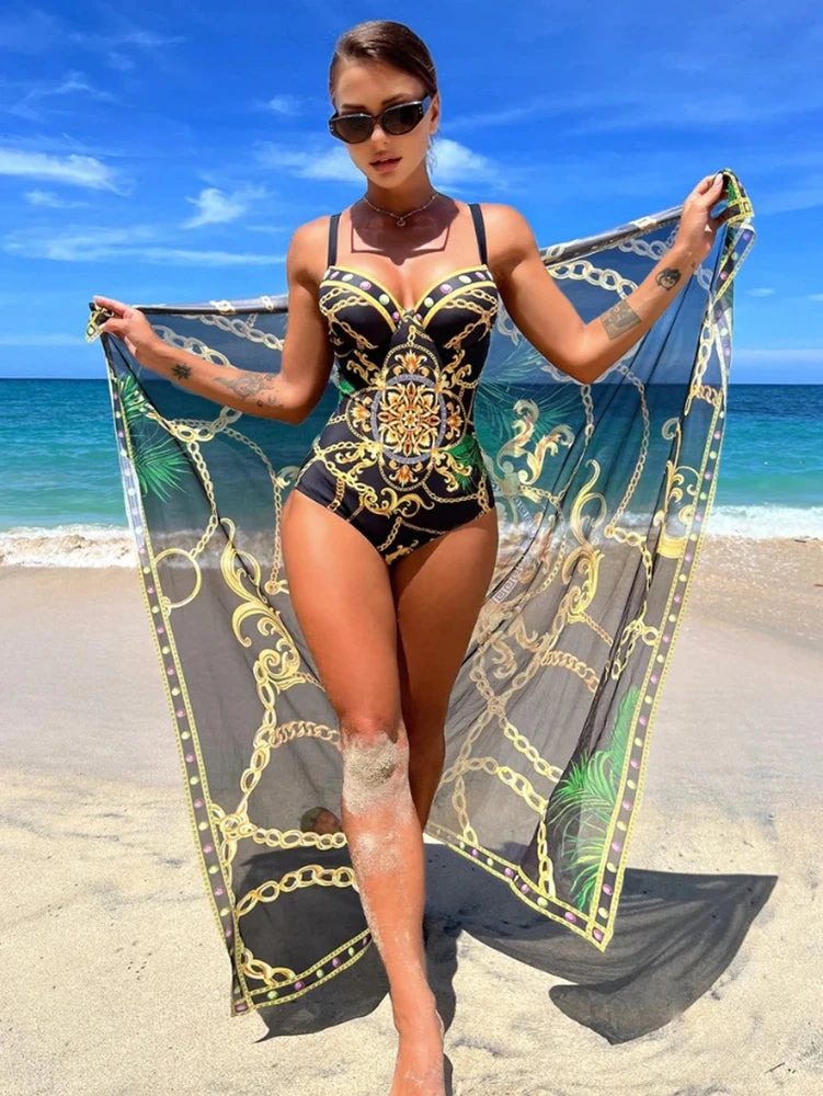 Underwire Women Sexy Swimsuit 2 Piece Swimwear Slim Monokini Chains Print Push Up Bikini Black Blue Green Beachwear Light luxury