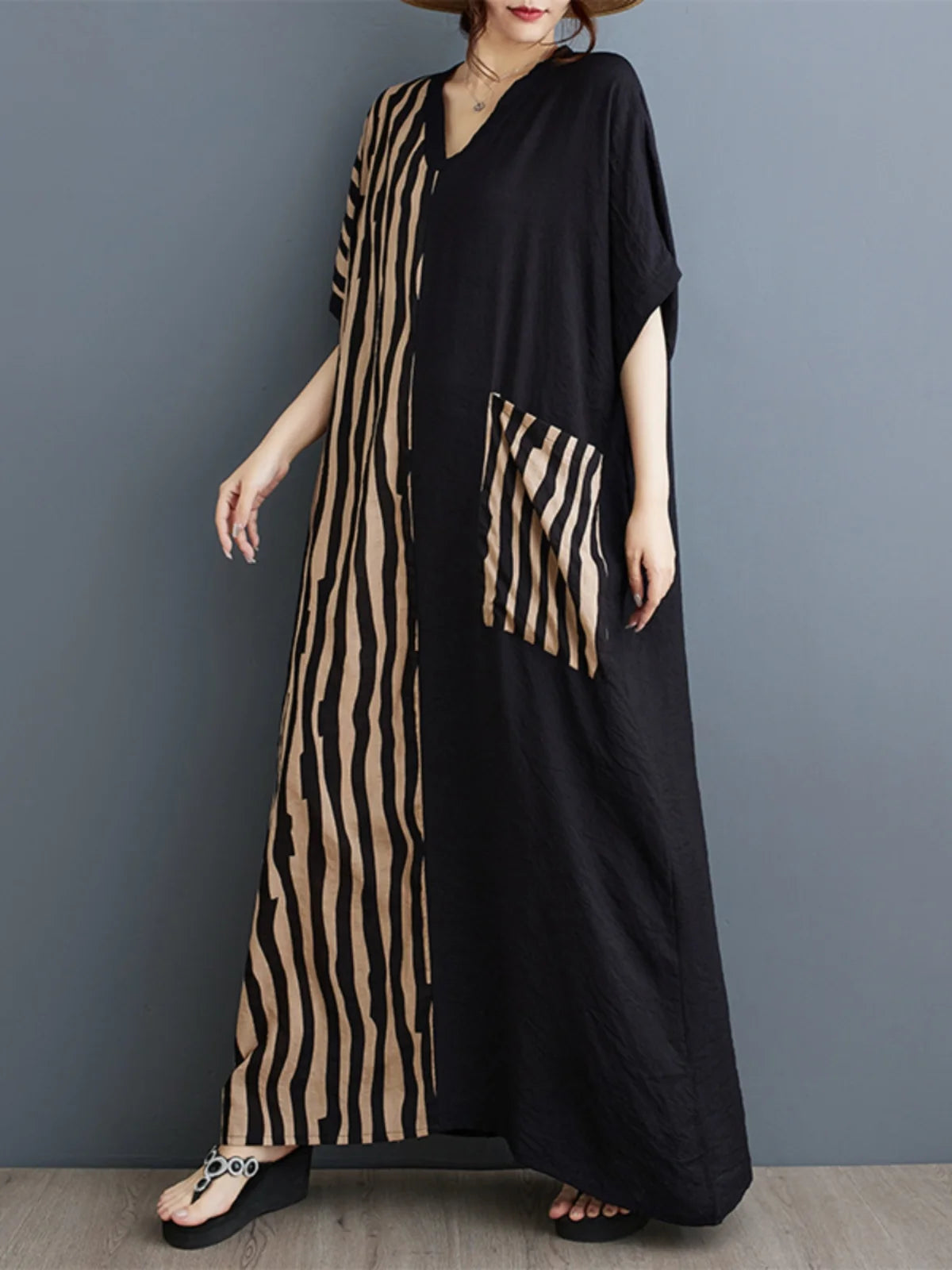 Long V-Ne ort Sve Printed Slimming Cotton Linen Dr Color Blo Casual Loose Fit Summer Faion plus Size Women