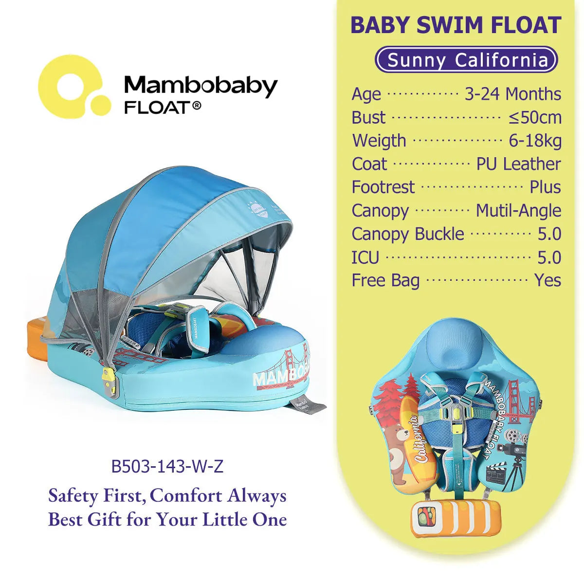 Mambobaby Pool Float With Safety Belt Non Inflatable Canopy Baby