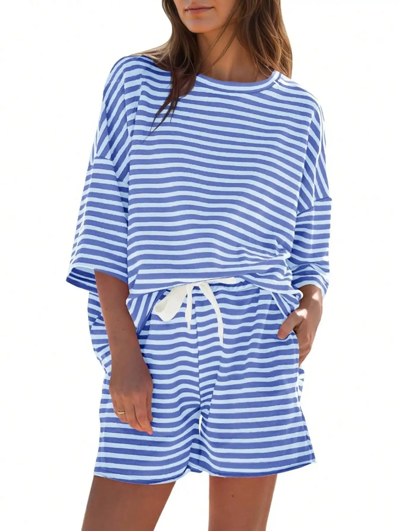 Fisoew Striped Athleisure 2 Piece Lounge Set With High Waisted Shorts