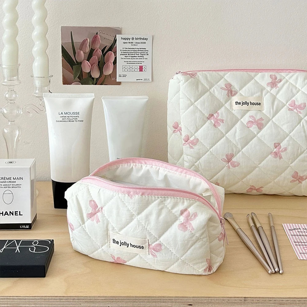 Cute Bow Toiletry Bag with Zipper Makeup Organizer Storage Bag Cotton Quilted Cosmetic Organizer Case for Women and Girls