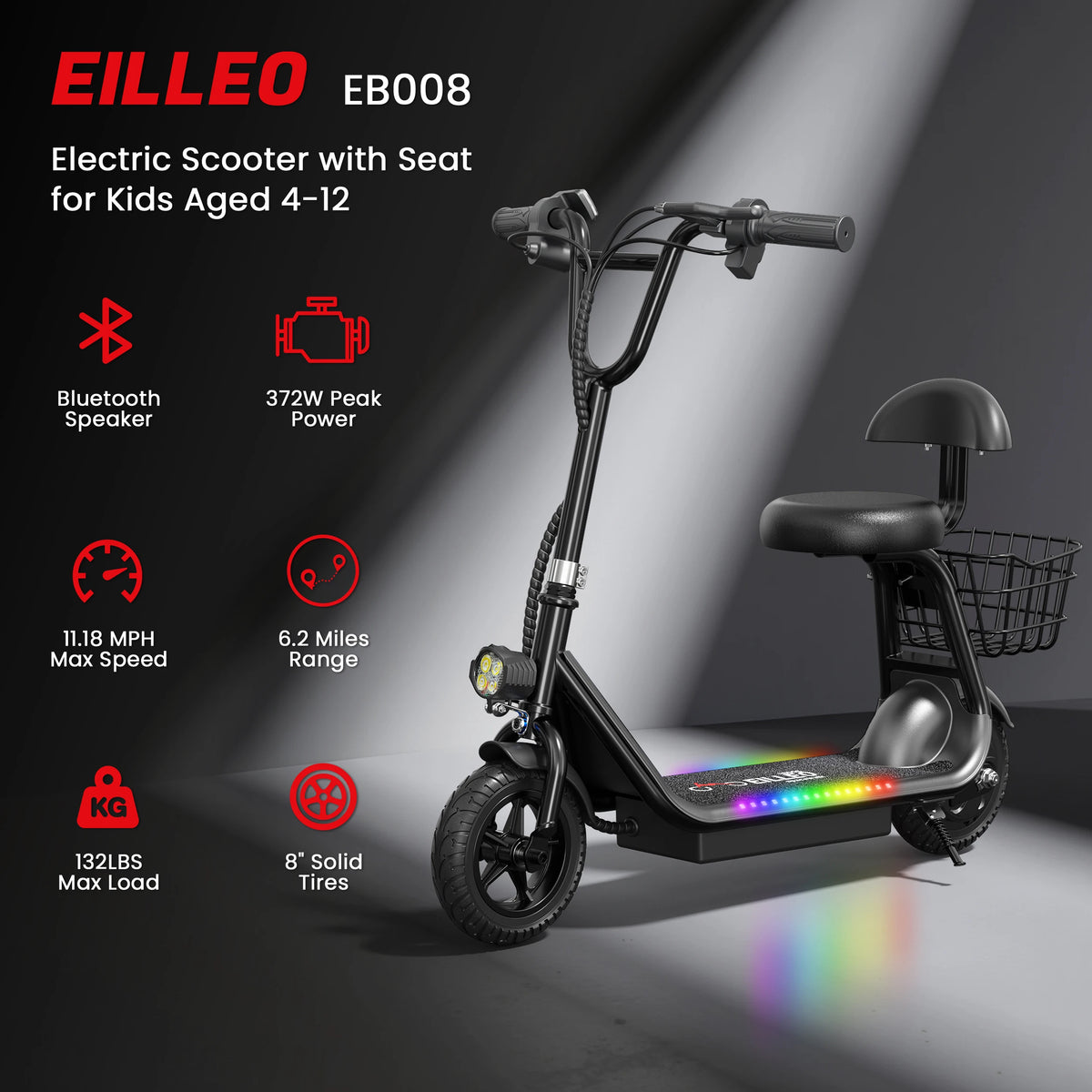 Eilleo Kids Electric Scooter Bluetooth Speaker Foldable Seat Basket