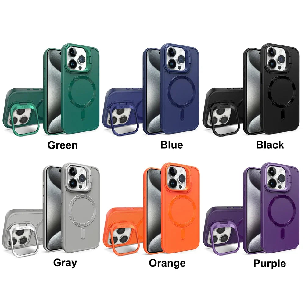 Stand Case for iPhone 16 15 14 13 12 11 Pro Max Cover Magnetic for Magsafe Wireless Charge Shell Camera Holder Soft Matte Fundas