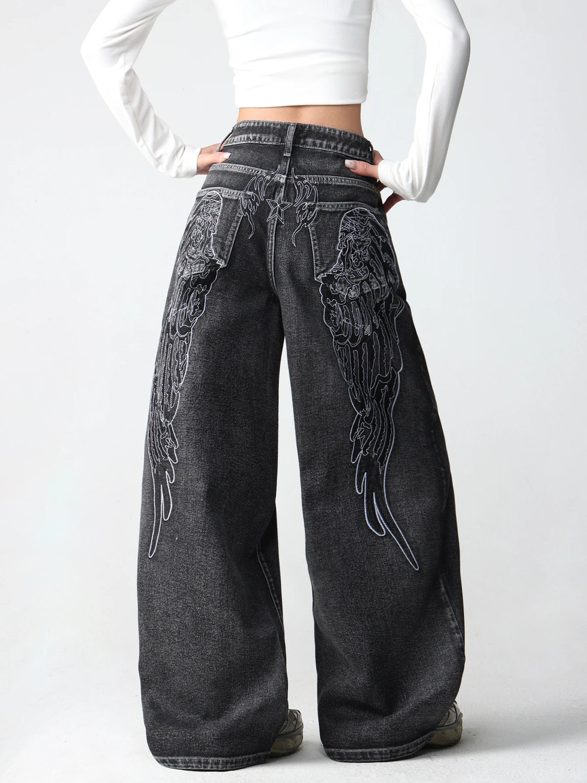 Womens Retro Wing Embroidered Wide Leg Denim Jeans