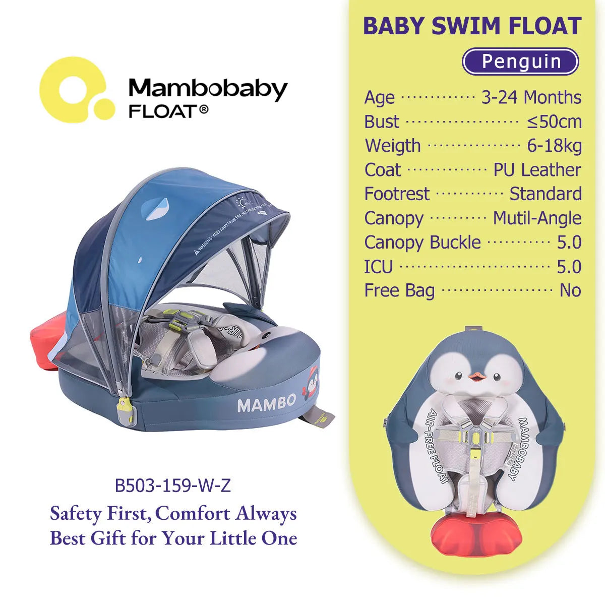 Mambobaby Pool Float With Safety Belt Non Inflatable Canopy Baby
