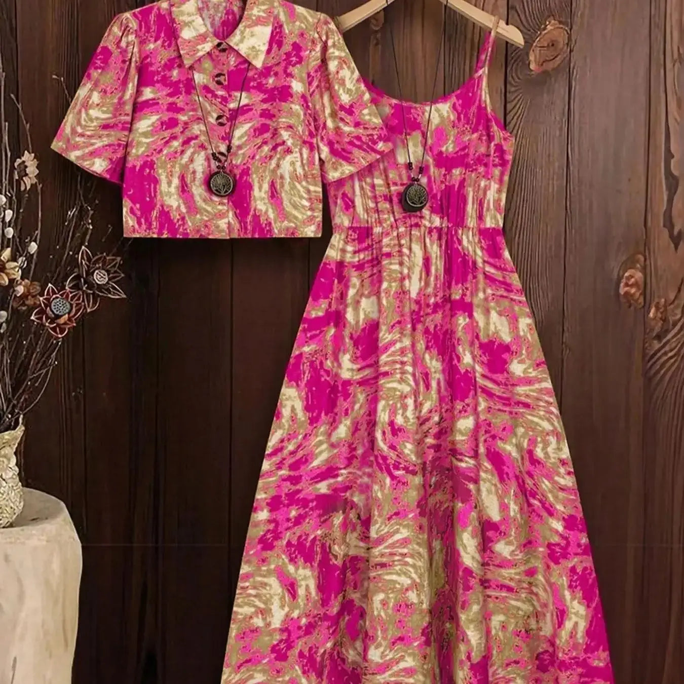 Plus Size Marble Print Tank Dress & Top Set, Casual Sleeveless Dress & Top, Women's Two-piece Outfits for All Seasons