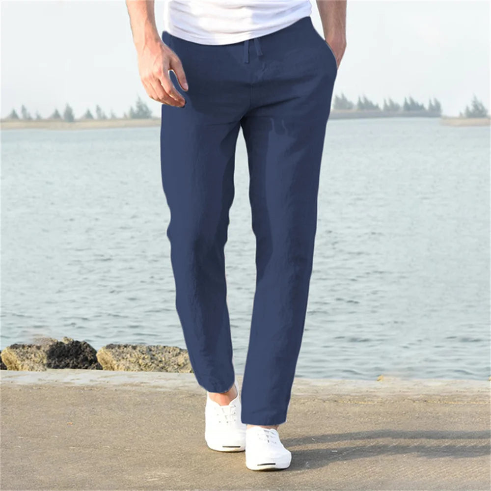 Men's Cotton Linen Casual Pants Baggy Streetwear Men Joggers Sports Trousers Solid Color Long Straight Trendy Pants for Men