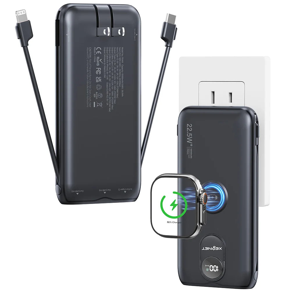 10000mAh Power Bank with AC Wall Plug,22.5W SCP/20W PD Fast Charging,Built-in Cables,Wireless Charger for Apple Watch