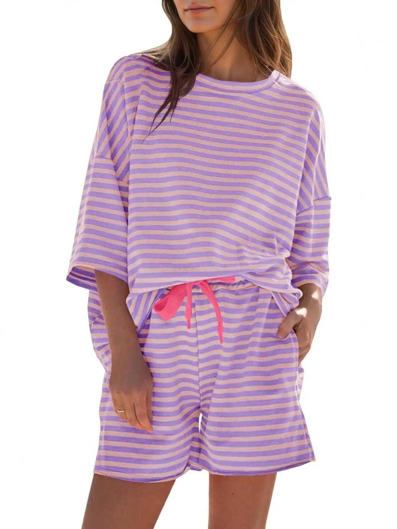 Fisoew Striped Athleisure 2 Piece Lounge Set With High Waisted Shorts