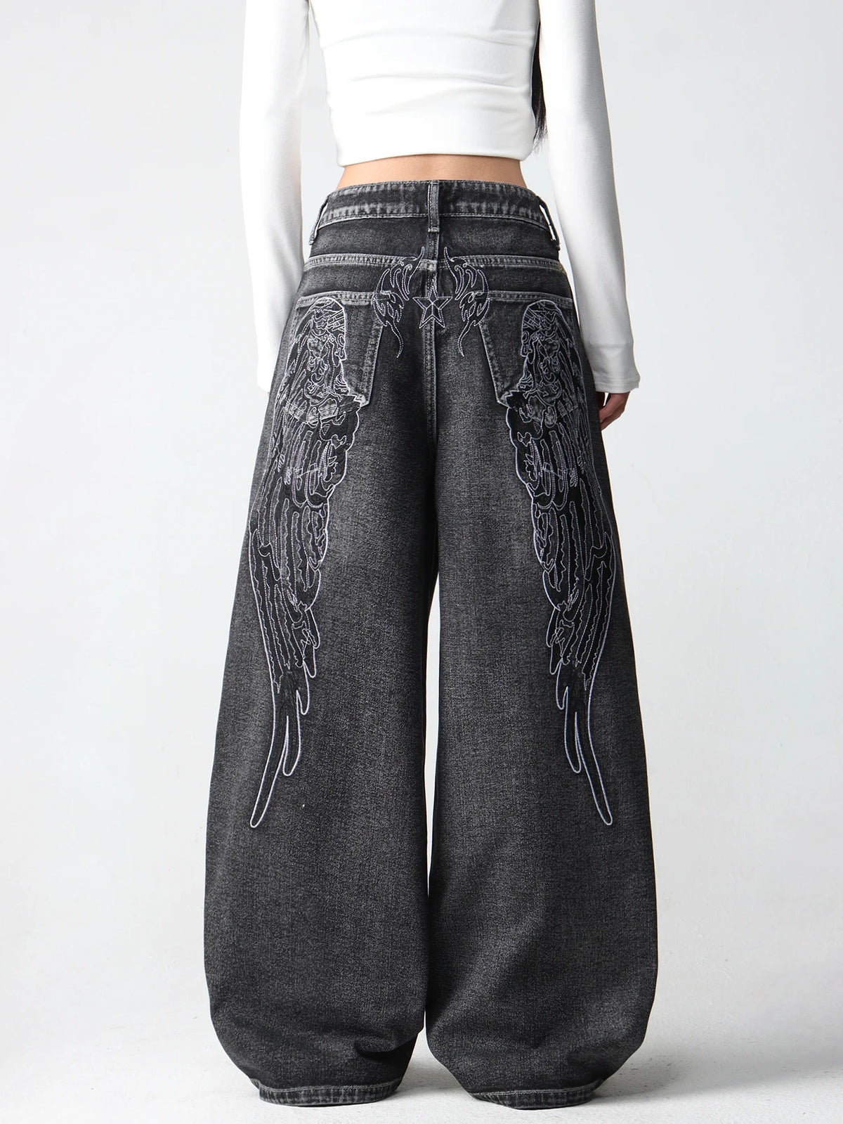 Womens Retro Wing Embroidered Wide Leg Denim Jeans