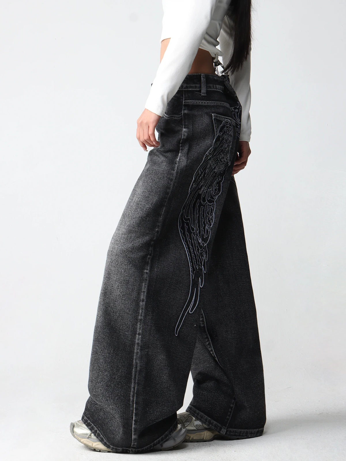 Womens Retro Wing Embroidered Wide Leg Denim Jeans