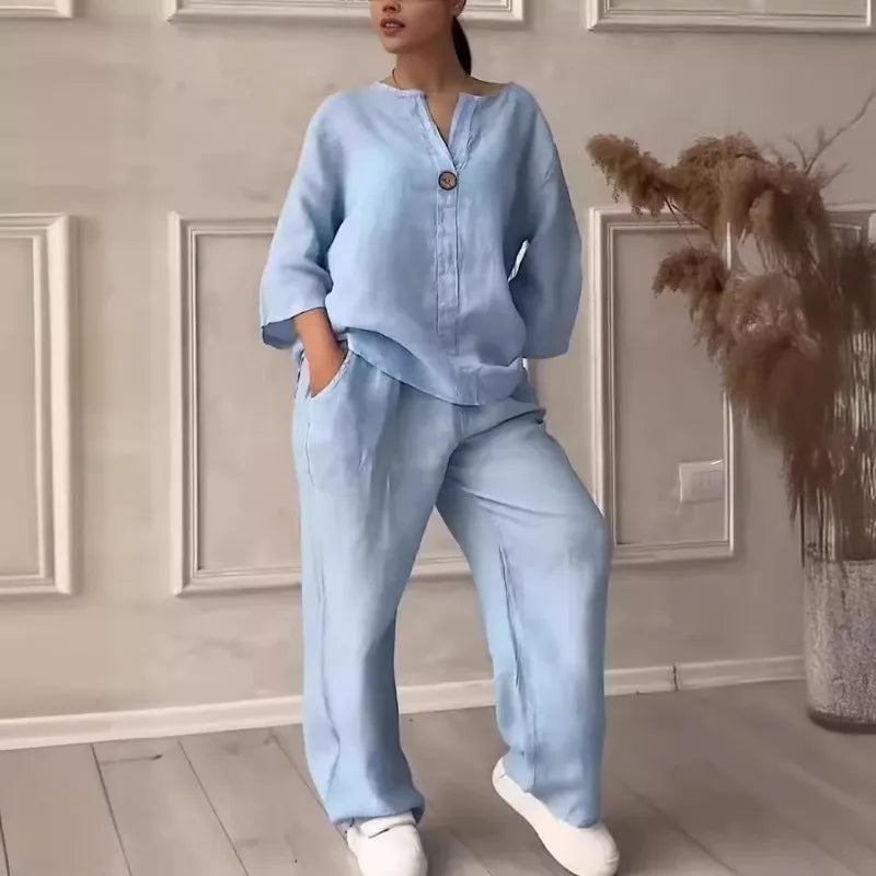 Women's Solid Color 2-Piece Set V-Neck Long Sleeve Top & Wide Leg Pants Casual Loose Lounge Suit Office Lady Simple Set