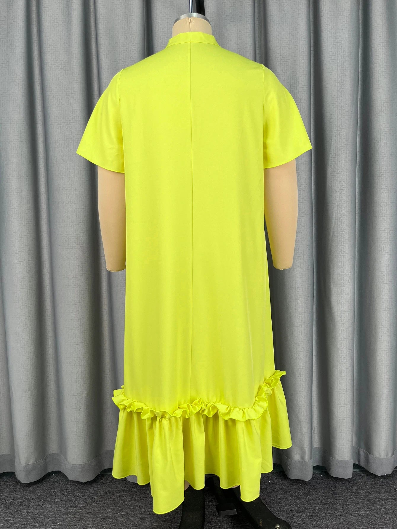 Elegant Women Straight Dress Bow Collar Short Sleeves Loose Long Ruffles Hem Africa Simple Solid Church Causal Daily Wear New