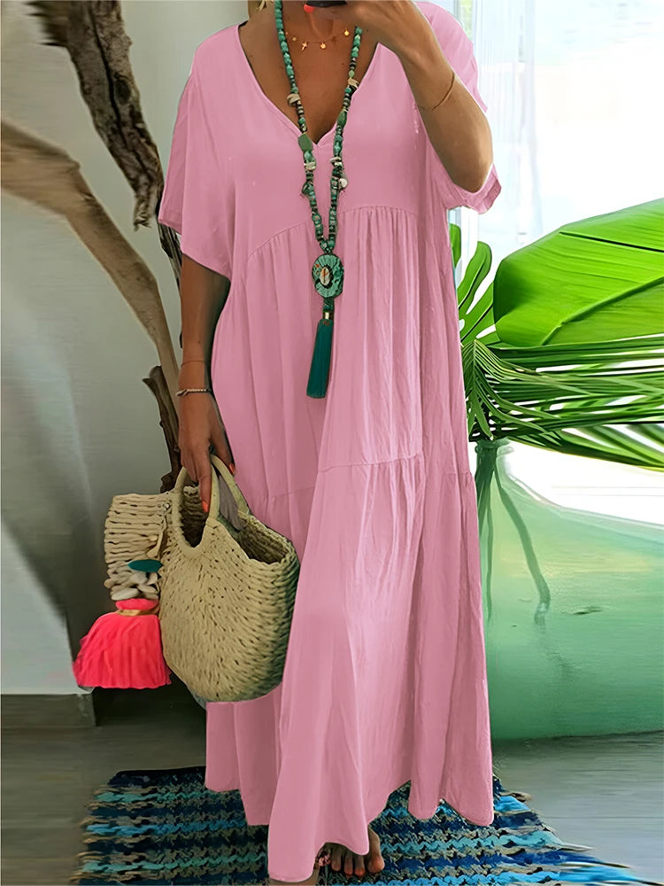 plus Size Women's Casual Loose V-Neck Solid Long Dress Spring Summer Pleated Big Size Women's Dress