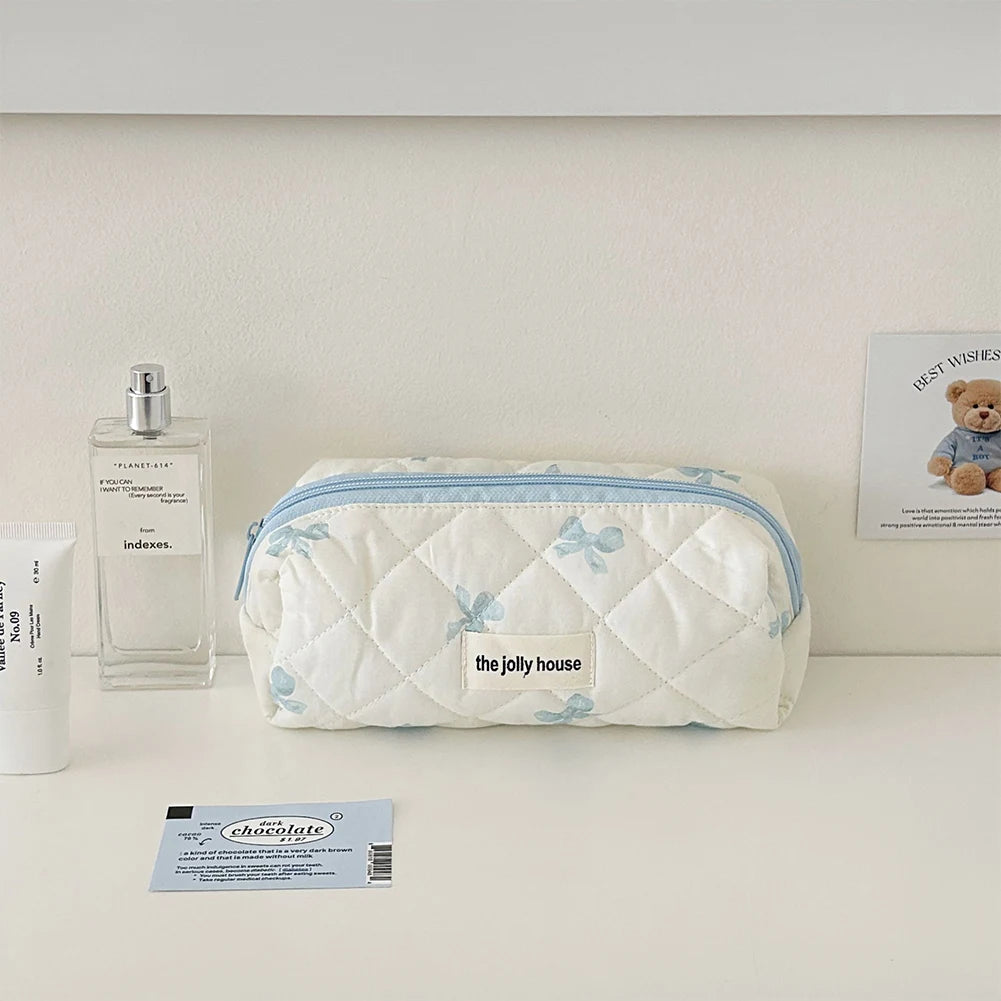 Cute Bow Toiletry Bag with Zipper Makeup Organizer Storage Bag Cotton Quilted Cosmetic Organizer Case for Women and Girls