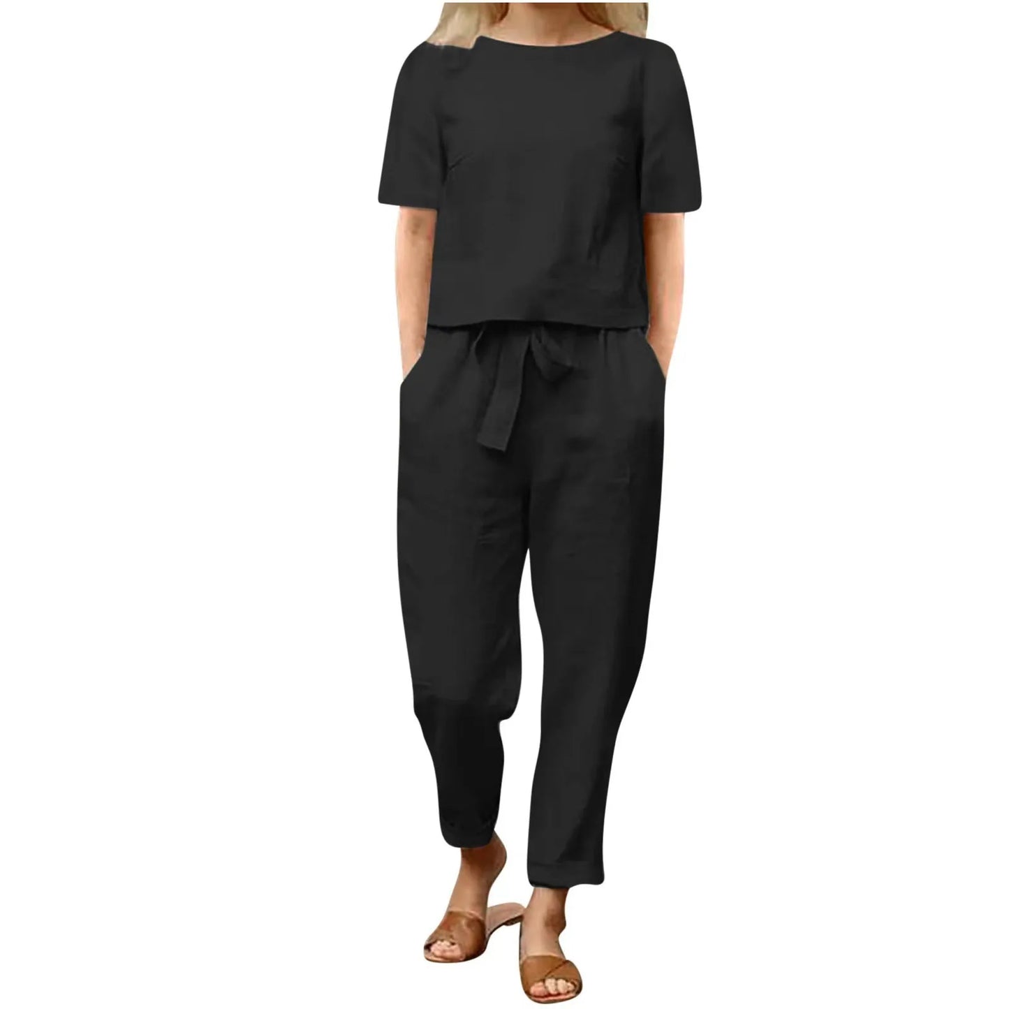 Women's Cotton Linen Summer 2-Piece Set Short Sleeve O-Neck Top & High Waist Drawstring Wide Leg Pants Set Retro Loungewear