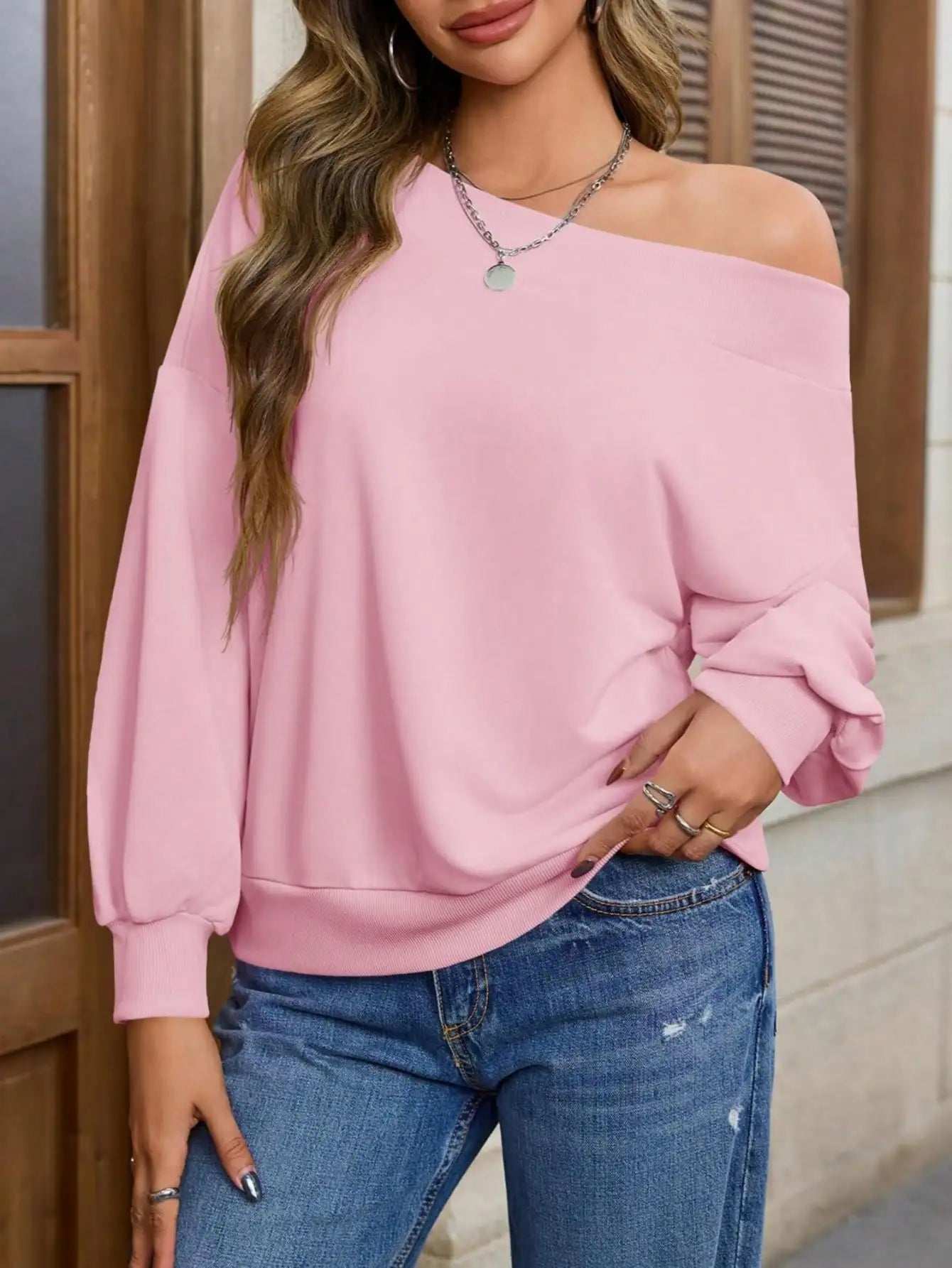 Fisoew Off Shoulder Sweatshirt - Oversized Long Sleeve Pullover | Loose Fit Casual Top | Fall Cozy Streetwear Basic Clothes