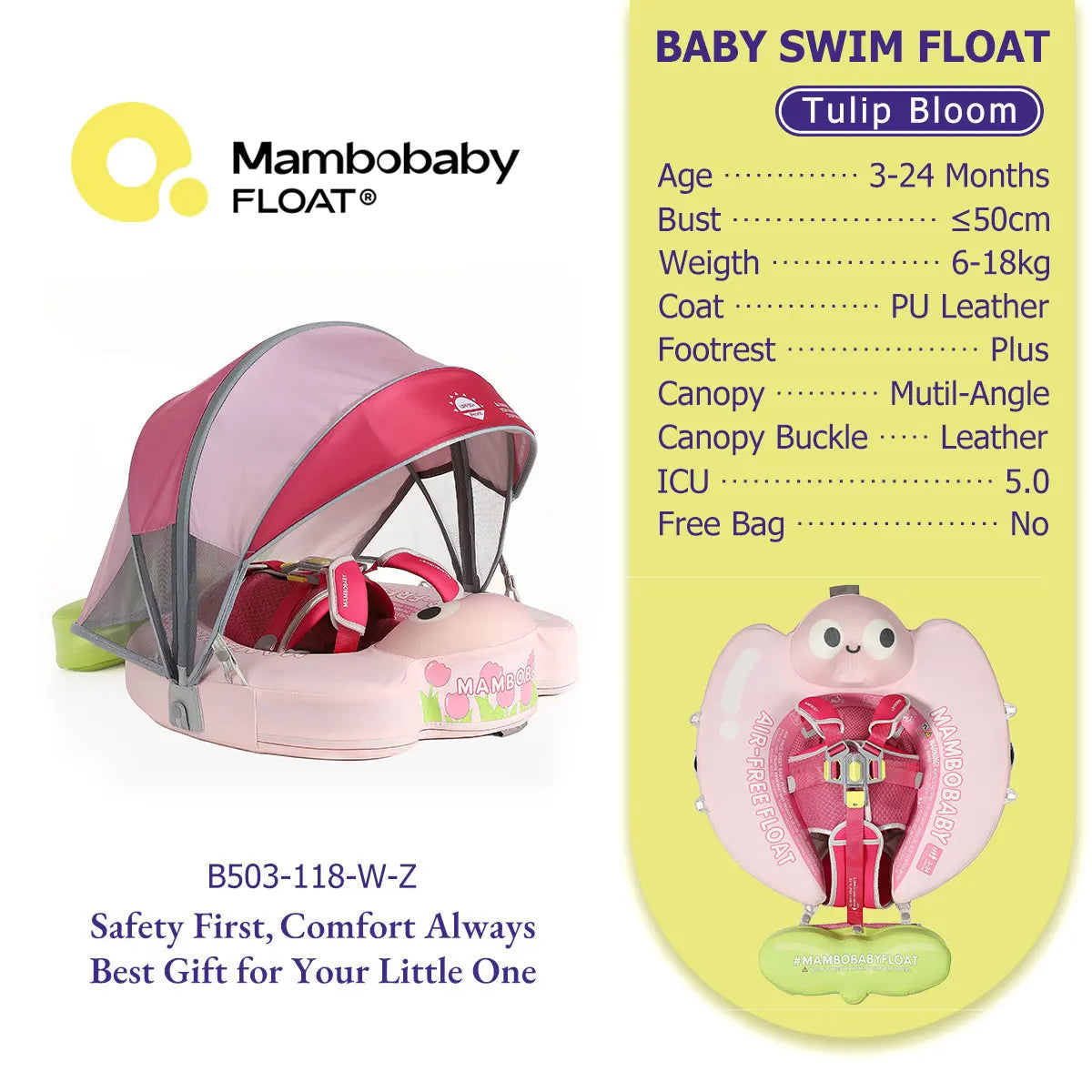 Mambobaby Pool Float With Safety Belt Non Inflatable Canopy Baby