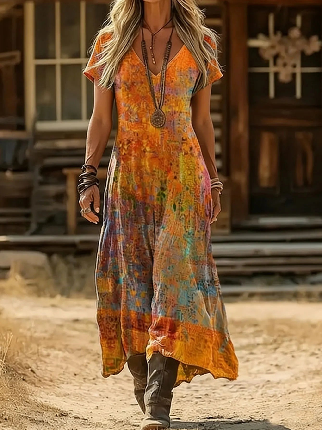 Plus Size Summer New Arrival Retro Ethnic Tie-Dye Dress V-Neck Short Sleeve Loose Boho Vacation Maxi Skirt