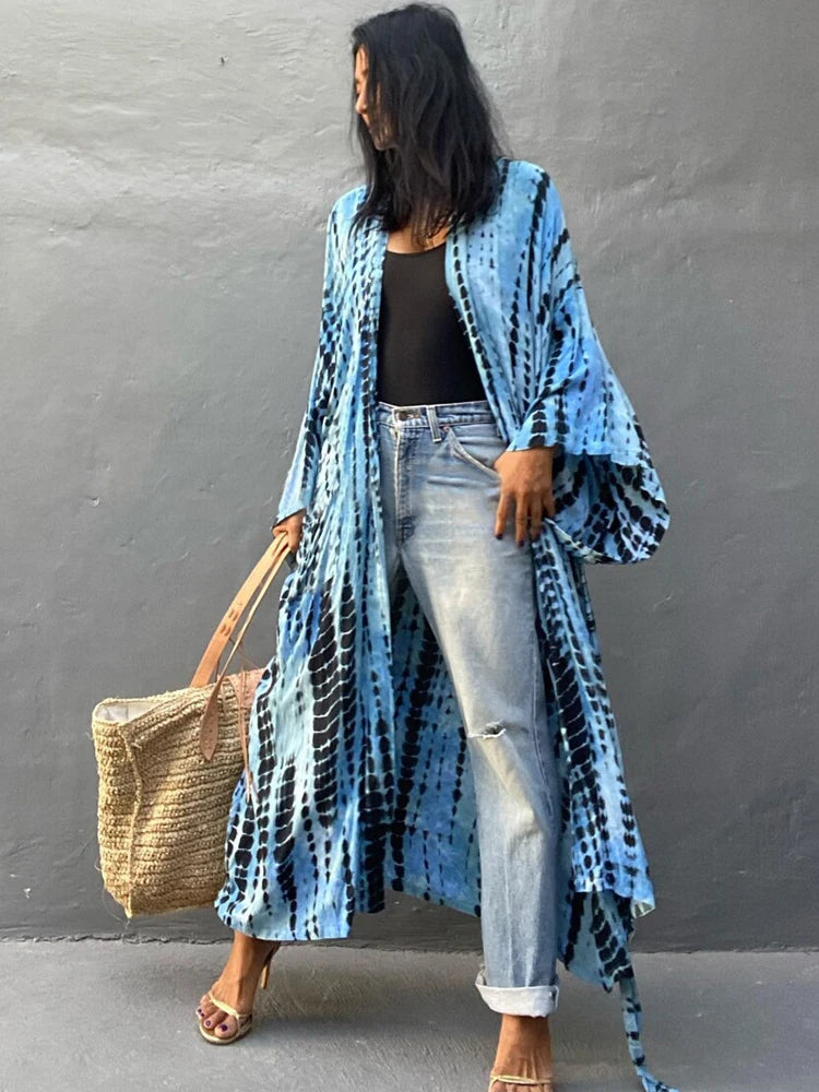 Boho Tie Dye Bikini Cover Up Kimono Cape Beach Dress