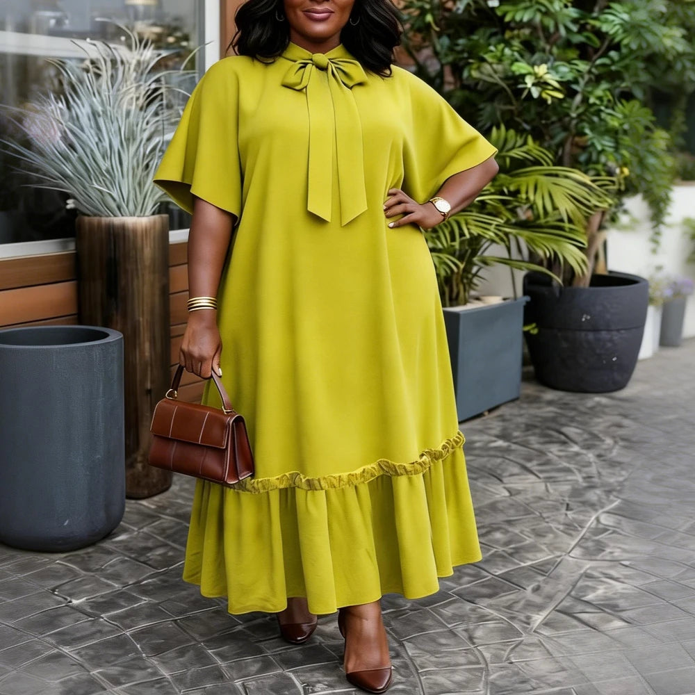 Elegant Women Straight Dress Bow Collar Short Sleeves Loose Long Ruffles Hem Africa Simple Solid Church Causal Daily Wear New
