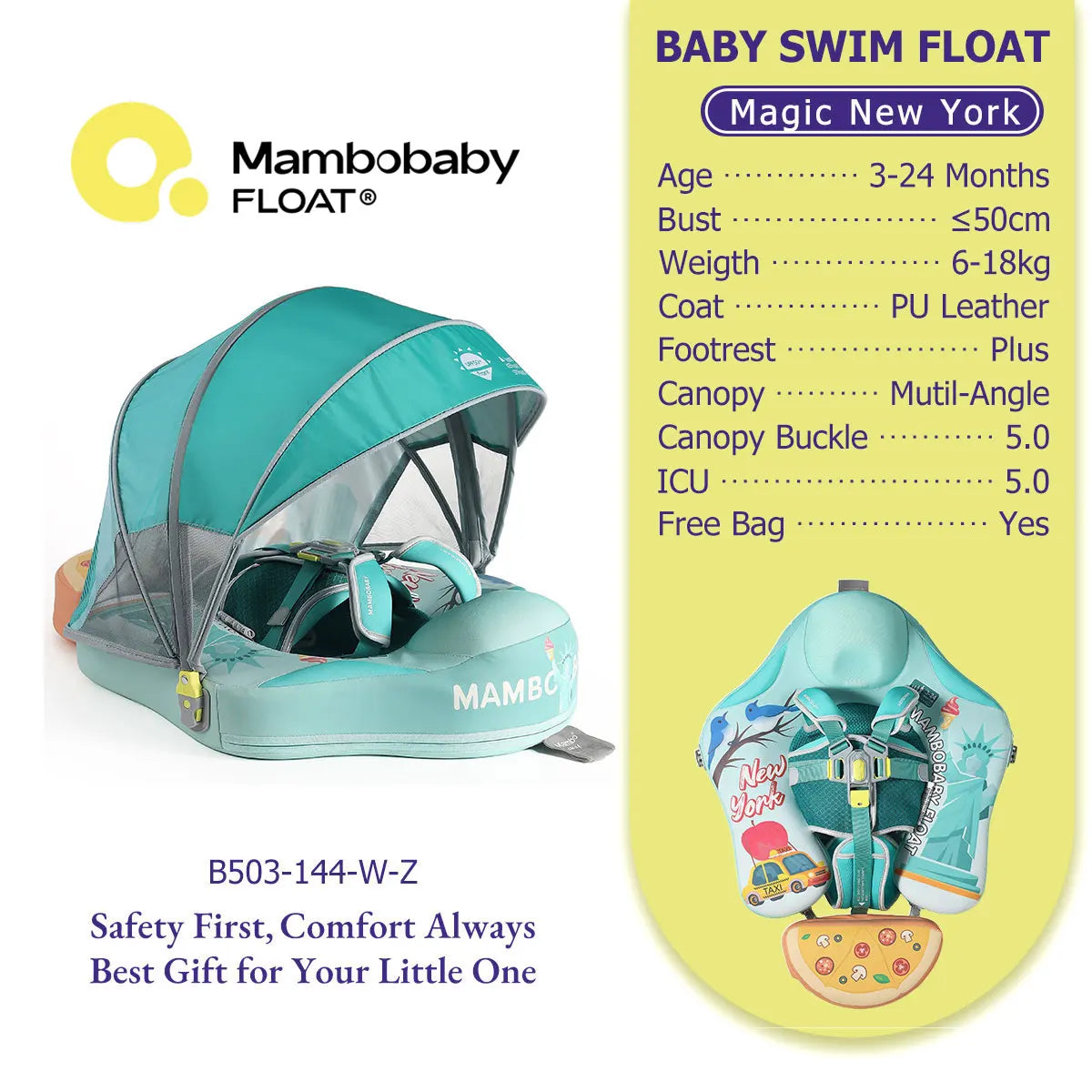 Mambobaby Pool Float With Safety Belt Non Inflatable Canopy Baby