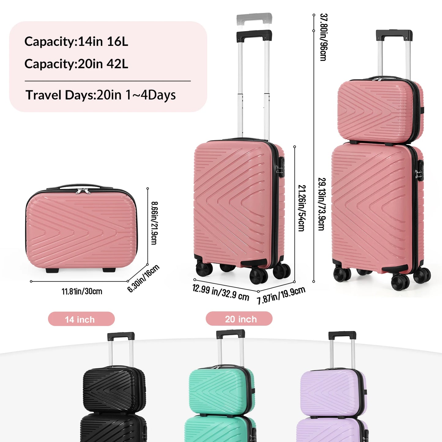 Travel Set of 2 Luggage Hooks with Matching Suitcases (14" + 20") Triangular Pattern, Black Color, PP Material for Stylish