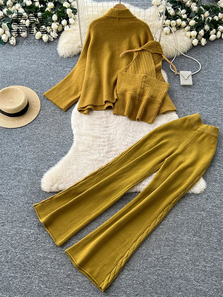 SINGREINY Autumn Chic Edgy Pants Sets Lapel Simple Cardigan+Halter Backless Tank Top+Long Pant 2026 Women Lazy Workwear 3pcs Set