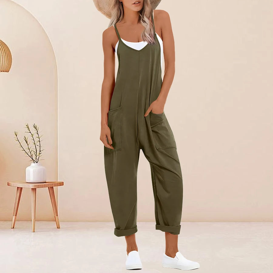 Plus Size Solid Sleeveless V Neck Jumpsuit with Slip Pockets, Casual Women's Clothing