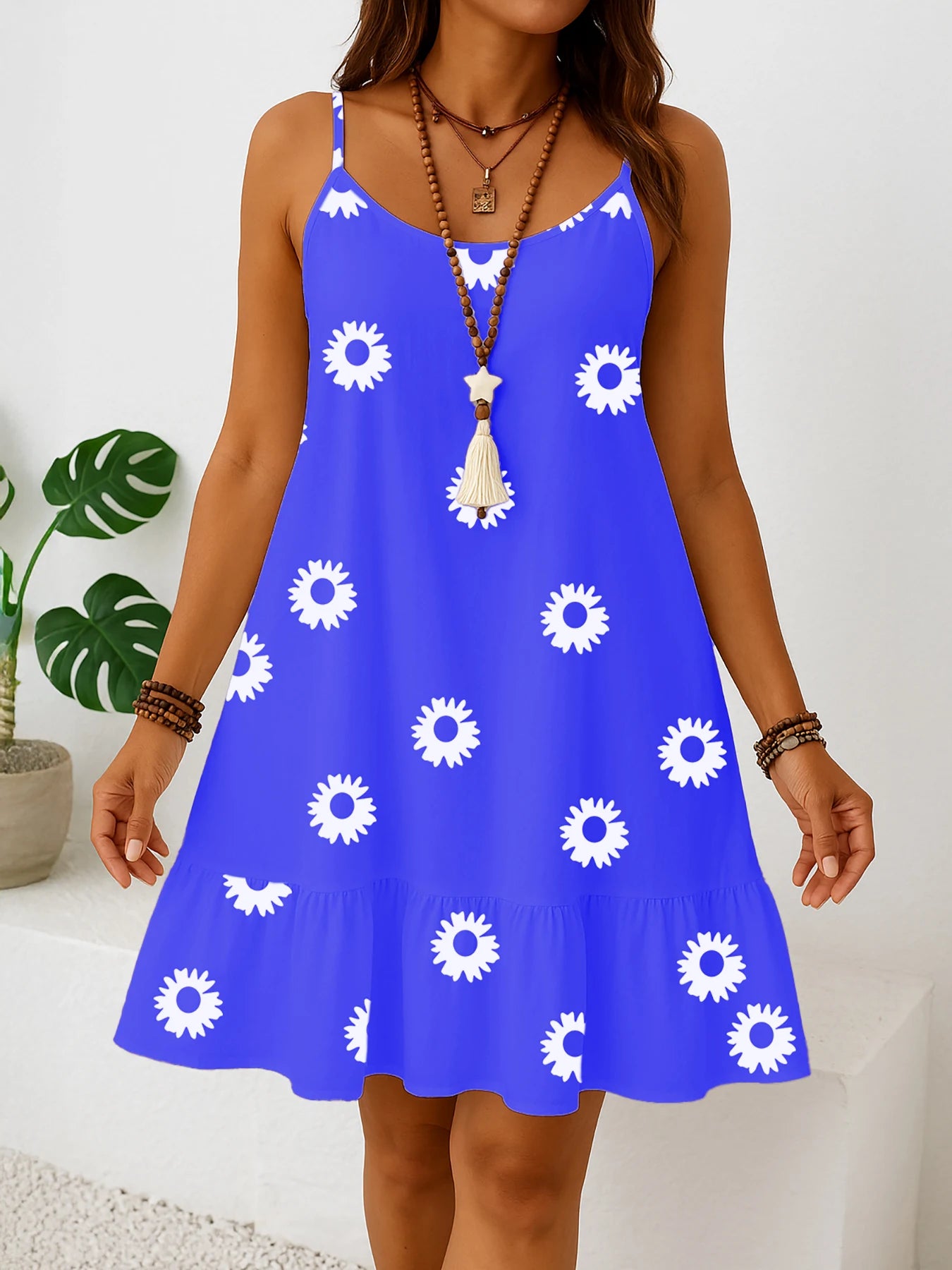 Plus size women’s sleeveless floral print dress, solid color sun dress with ruffled hem, casual summer fashion, lightweight and