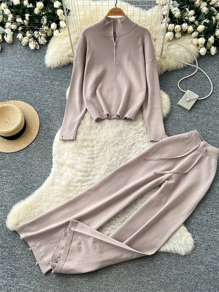 SINGREINY Minimalist Autumn Casual Suits Female Zipper Sweater+Drawstring Wide Leg Pants Hole Loose Daily Commute Lazy 2pcs Sets