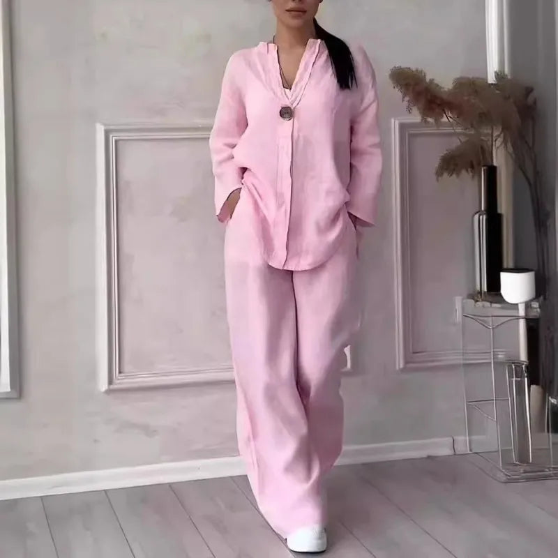 Women's Solid Color 2-Piece Set V-Neck Long Sleeve Top & Wide Leg Pants Casual Loose Lounge Suit Office Lady Simple Set