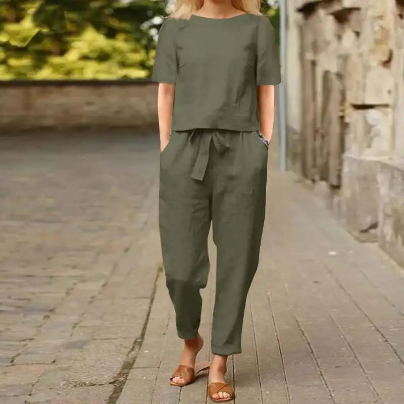 Women's Cotton Linen Summer 2-Piece Set Short Sleeve O-Neck Top & High Waist Drawstring Wide Leg Pants Set Retro Loungewear
