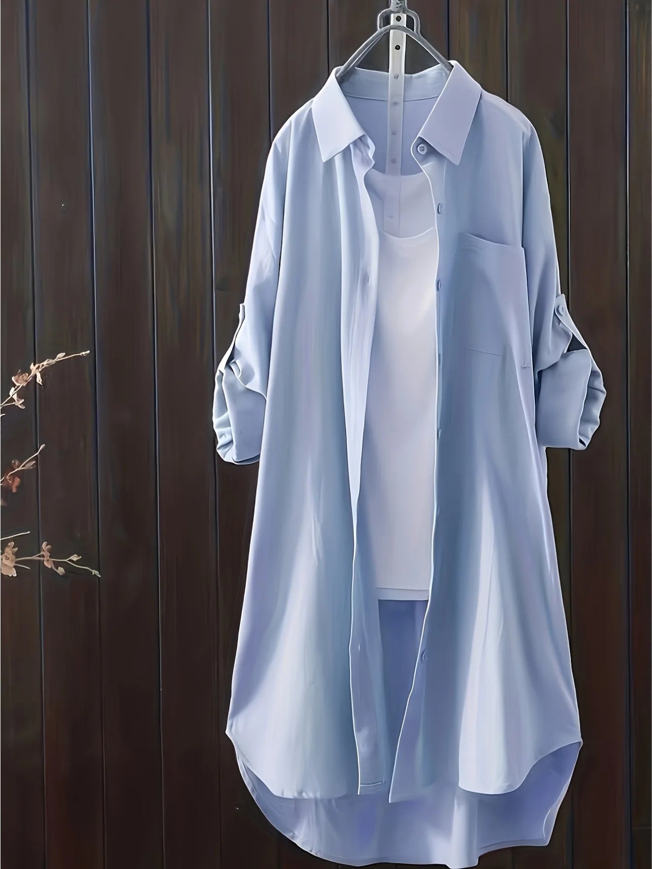 Rosa fera Plus Size Women's Longline Shirt, Roll Up Long Sleeve Button Front High Low Hem Loose Fit Blouse with Pocket
