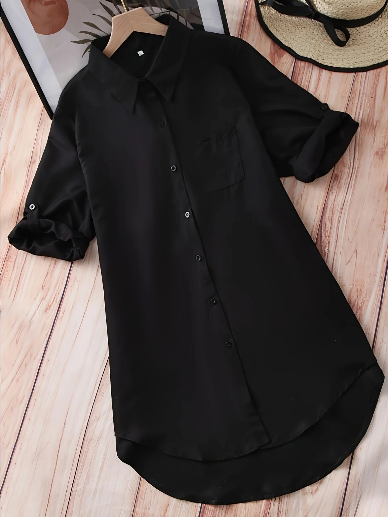 Rosa fera Plus Size Women's Longline Shirt, Roll Up Long Sleeve Button Front High Low Hem Loose Fit Blouse with Pocket